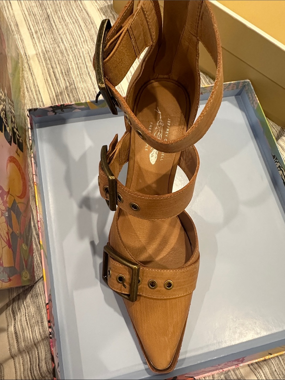 Jeffrey Campbell Tan Pointed-Toe Triple Buckle Heels